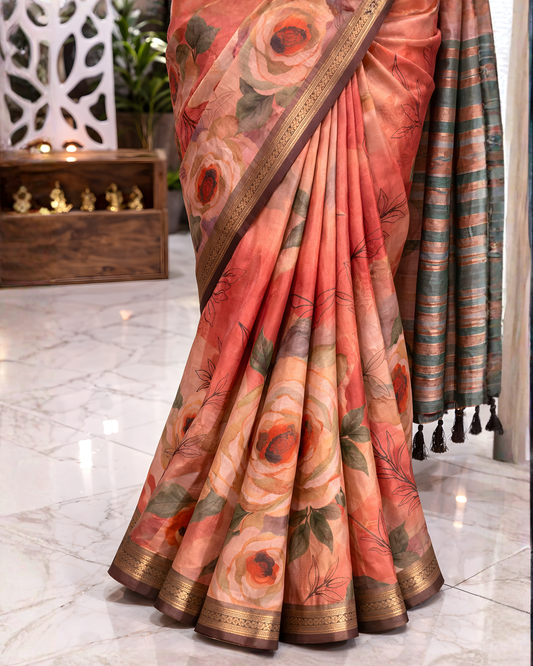 Autumn Bloom watercolor Floral Soft Silk Saree with Antique Brown Zari Border