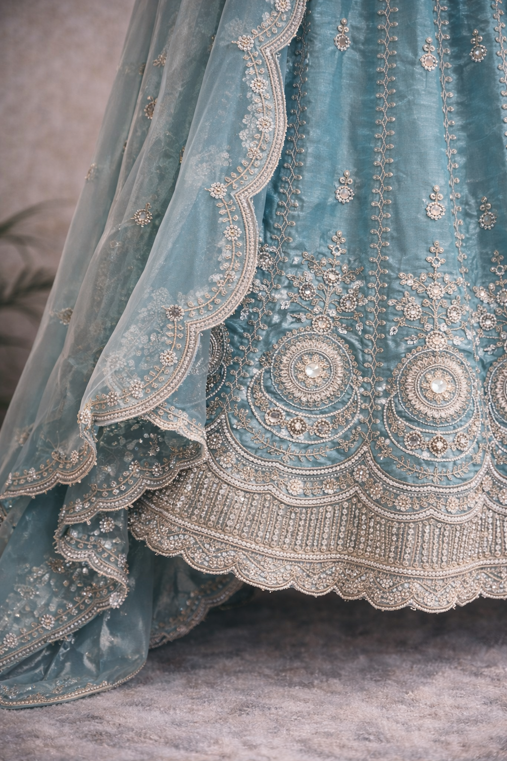 Blue Bridal Lehenga Set – Silver Zari, Sequin & Floral Hem Motifs