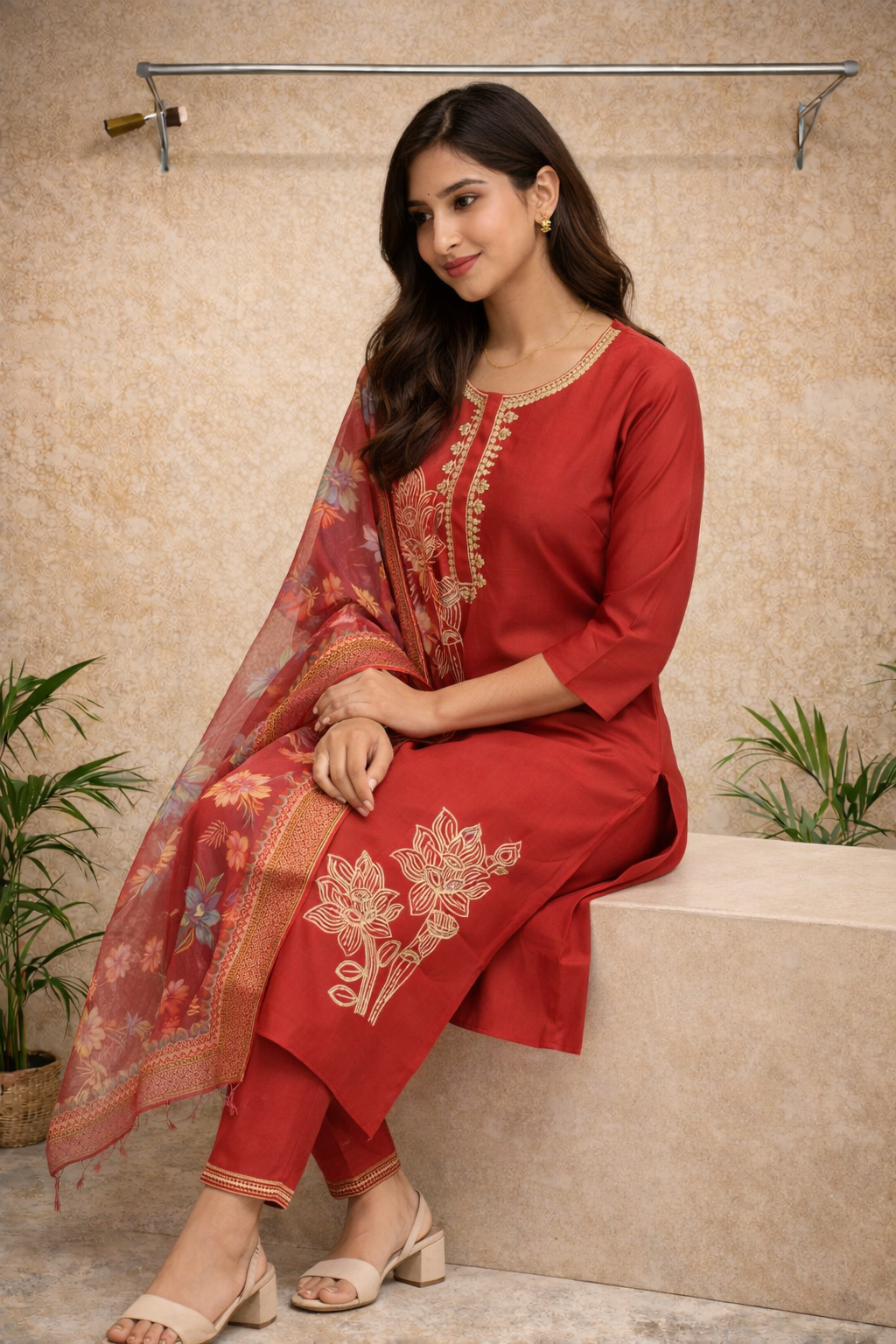 Festive Red Embroidered Kurti Set with Printed Dupatta