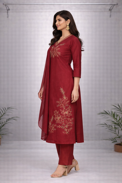Ruby Gold Floral Embroidered Red Kurti Set – Gold Embroidery with Sheer Dupatta & Pants
