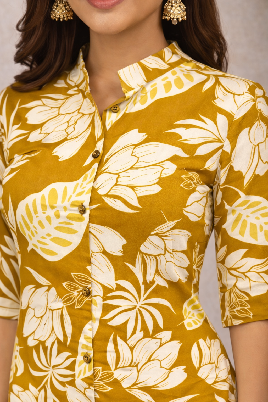 Mustard Yellow Floral Printed Kurti Set – Shirt Collar with Matching Printed Pants