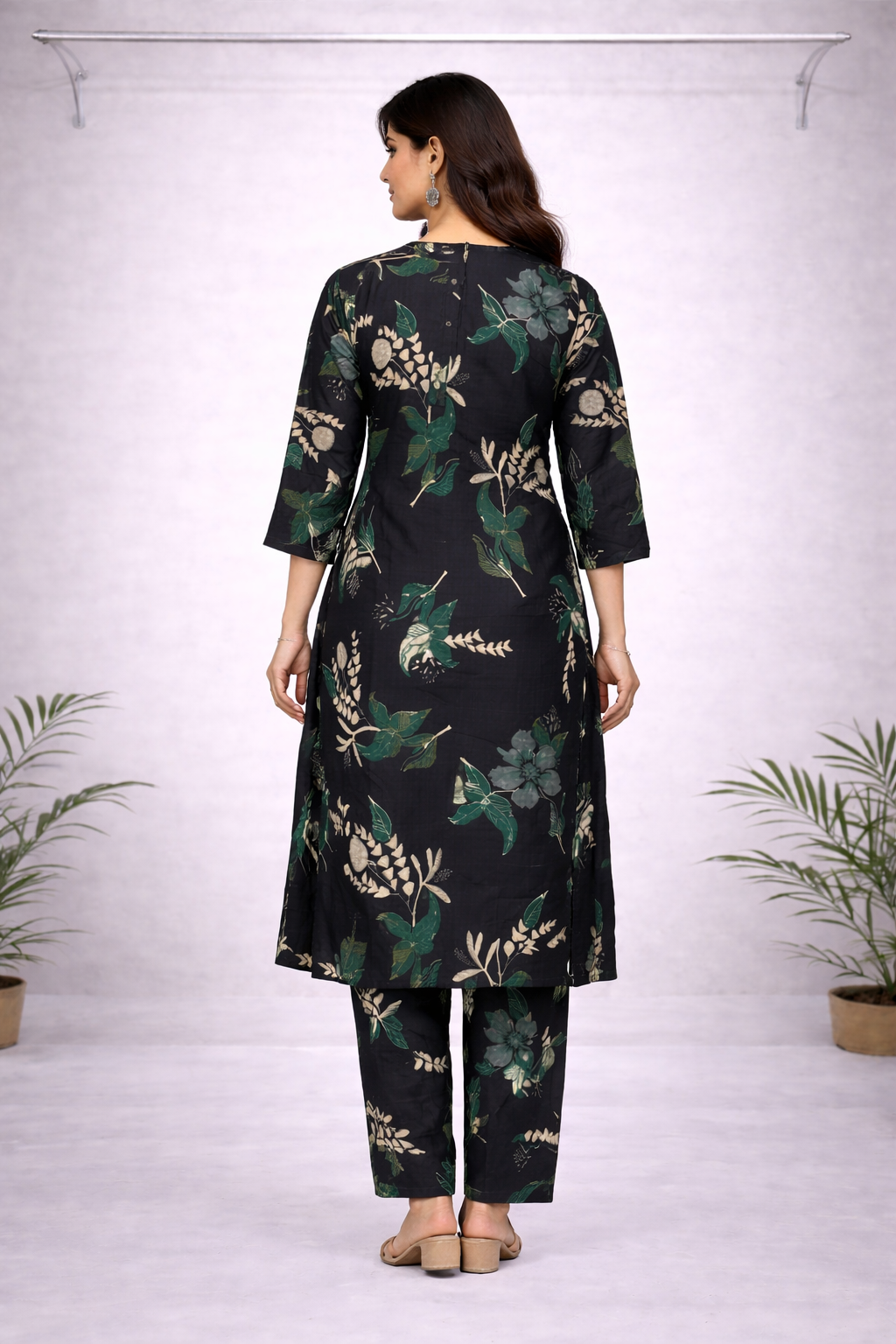 Navy Blue & Green Floral Printed Kurti Set – Straight Fit with Matching Pants