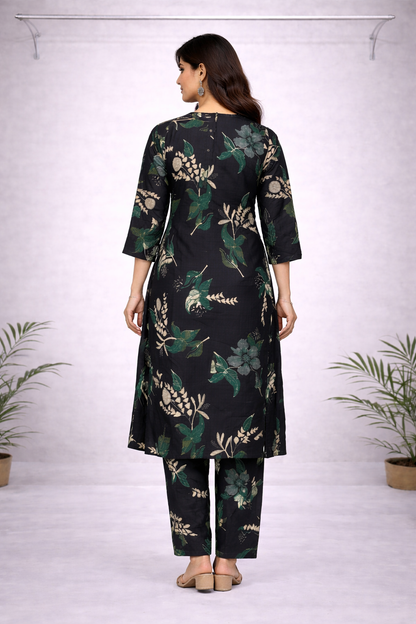 Navy Blue & Green Floral Printed Kurti Set – Straight Fit with Matching Pants