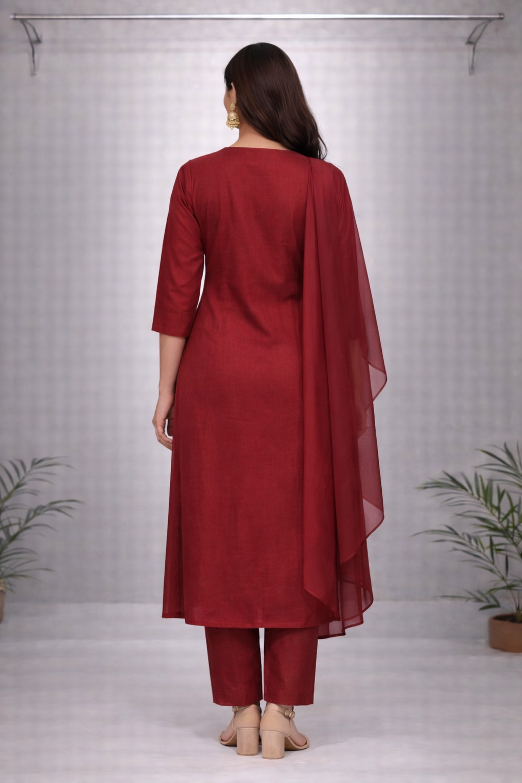 Ruby Gold Floral Embroidered Red Kurti Set – Gold Embroidery with Sheer Dupatta & Pants