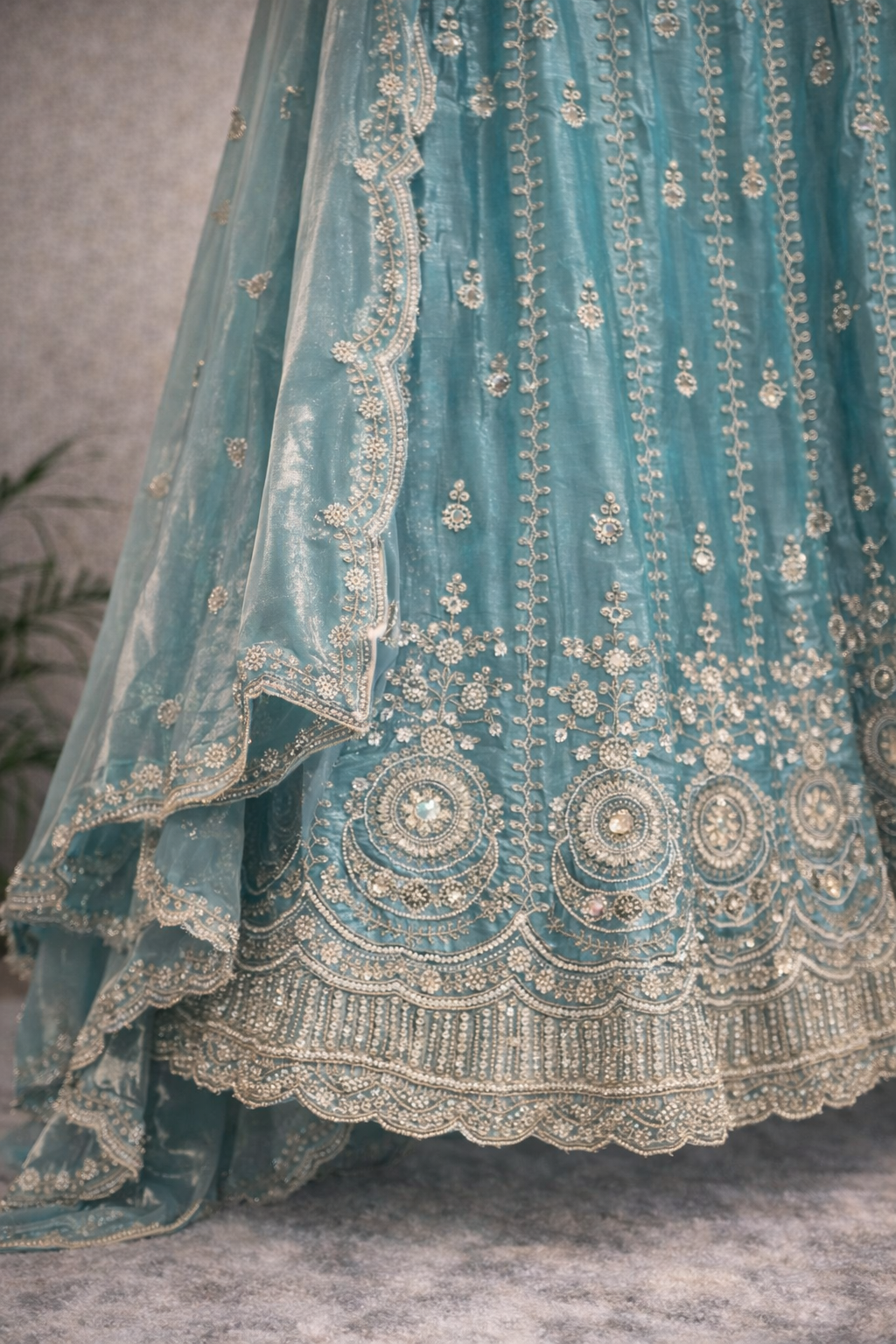 Blue Bridal Lehenga Set – Silver Zari, Sequin & Floral Hem Motifs