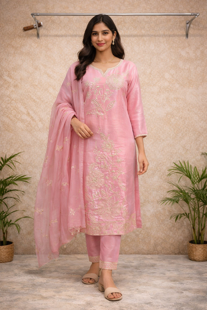 Blush Pink Embroidered Kurti Set – Golden Thread Work with Soft Dupatta & Pants