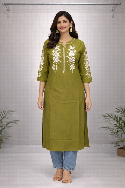 Olive Green Floral Embroidered Straight Kurti