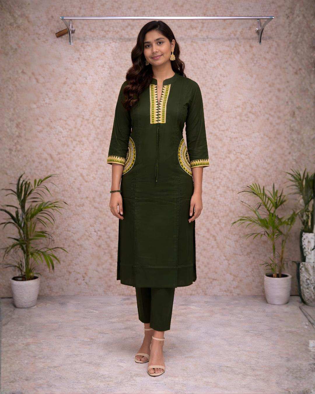 Bottle Green Embroidered Kurti Set – Geometric Neckline & Sleeve Embroidery | Straight Fit