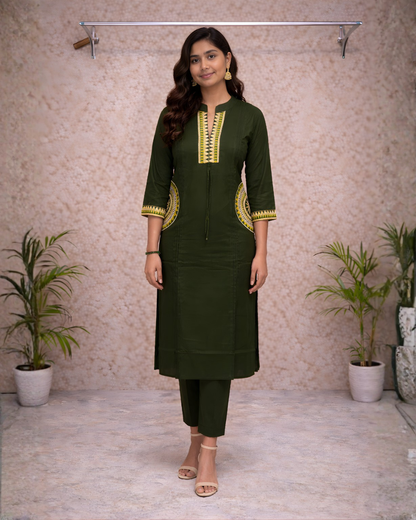 Bottle Green Embroidered Kurti Set – Geometric Neckline & Sleeve Embroidery | Straight Fit