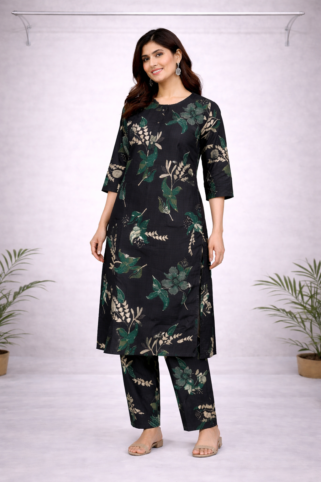 Navy Blue & Green Floral Printed Kurti Set – Straight Fit with Matching Pants