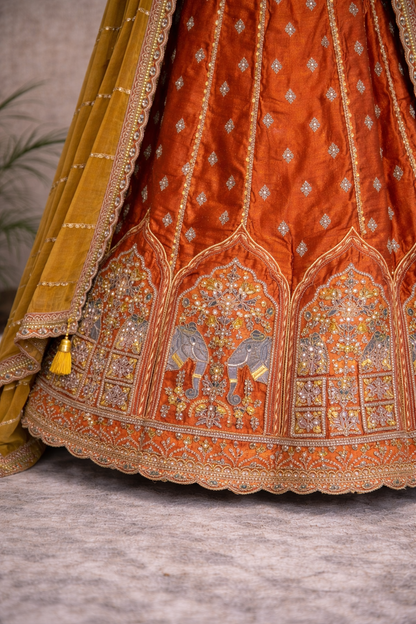 Orange Bridal Lehenga Set – Heavy Zari, Thread Work & Tassel Dupatta