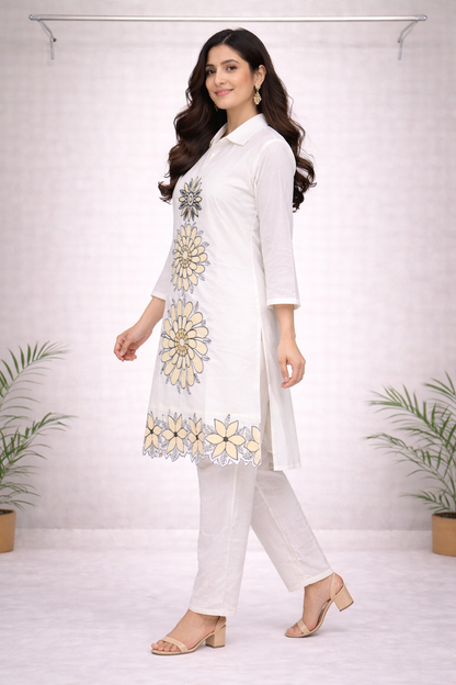 White Floral Printed Co-ord Set – Shirt Collar Top with Matching White Pants