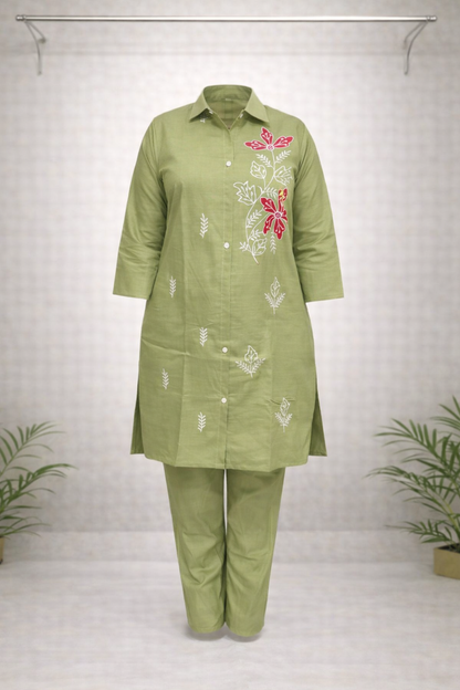 Olive Green Floral Embroidered Co-ord Set – White & Red Thread Work with Solid Pants