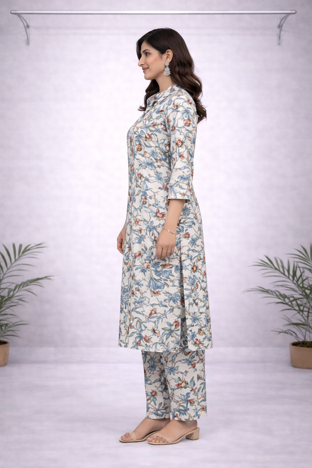 Off-White & Blue Floral Printed Co-ord Set – Shirt Collar with Matching Pants