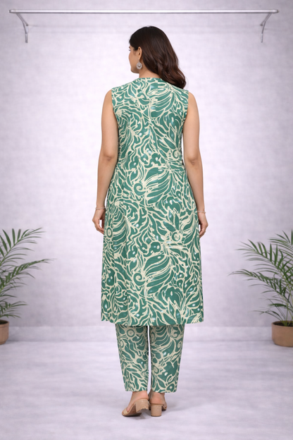 Sage Green Abstract Leaf Printed Co-ord Set – Top & Pants for Women