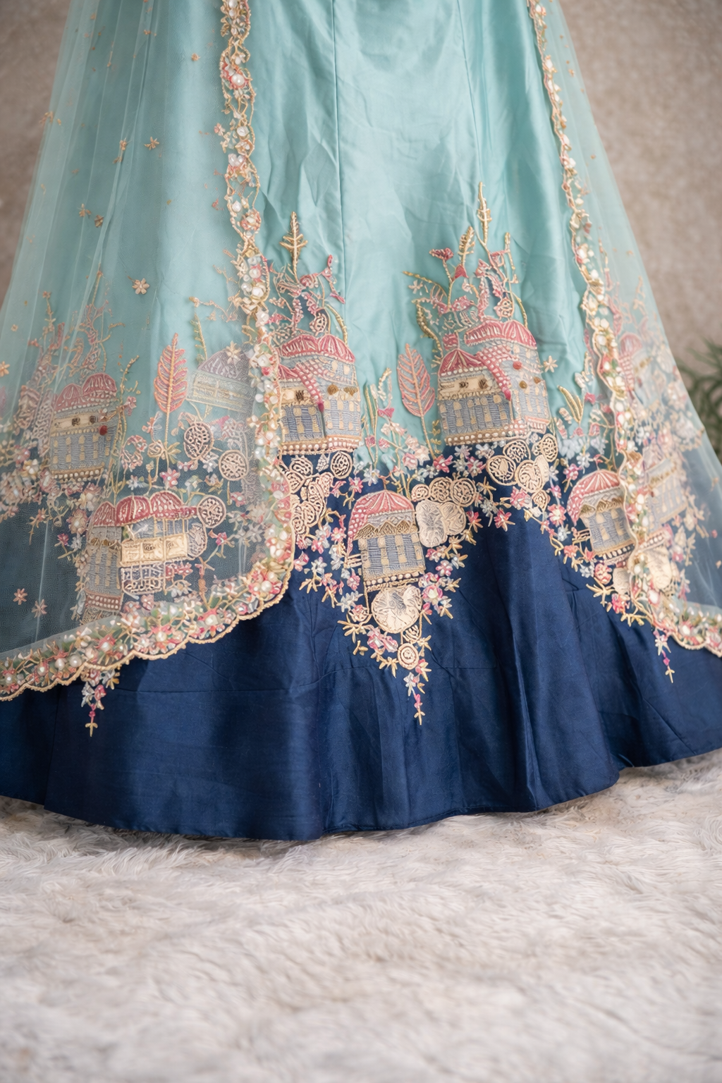 Aqua Blue Bridal Lehenga Set – Silver Zari, Sequin & Scalloped Hem