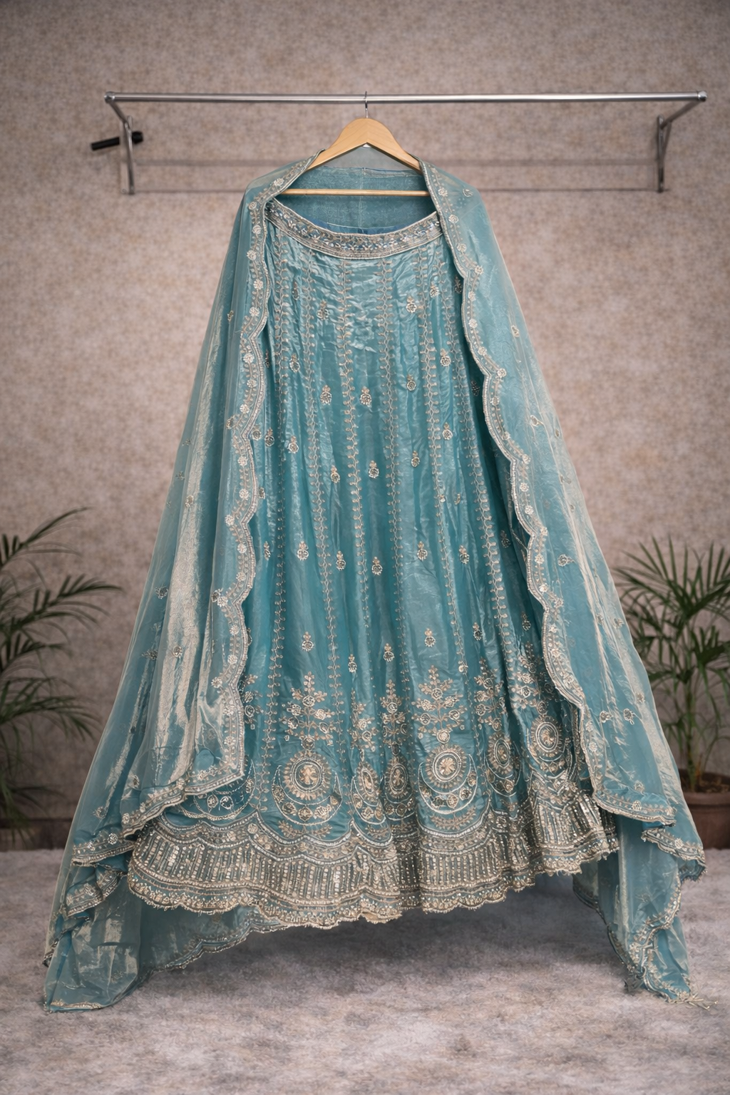 Blue Bridal Lehenga Set – Silver Zari, Sequin & Floral Hem Motifs