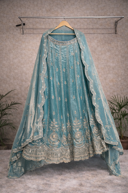 Blue Bridal Lehenga Set – Silver Zari, Sequin & Floral Hem Motifs