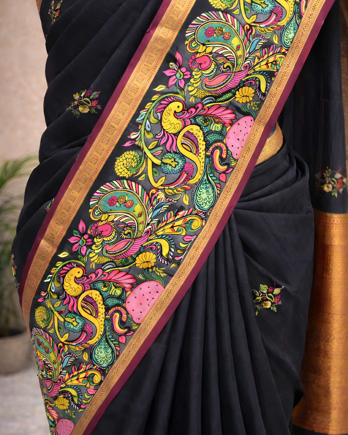 Royal Black Kalamkari Border Saree – Traditional Silk Blend Elegance