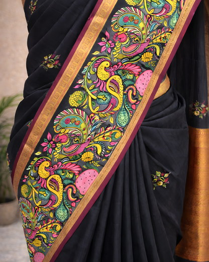 Royal Black Kalamkari Border Saree – Traditional Silk Blend Elegance