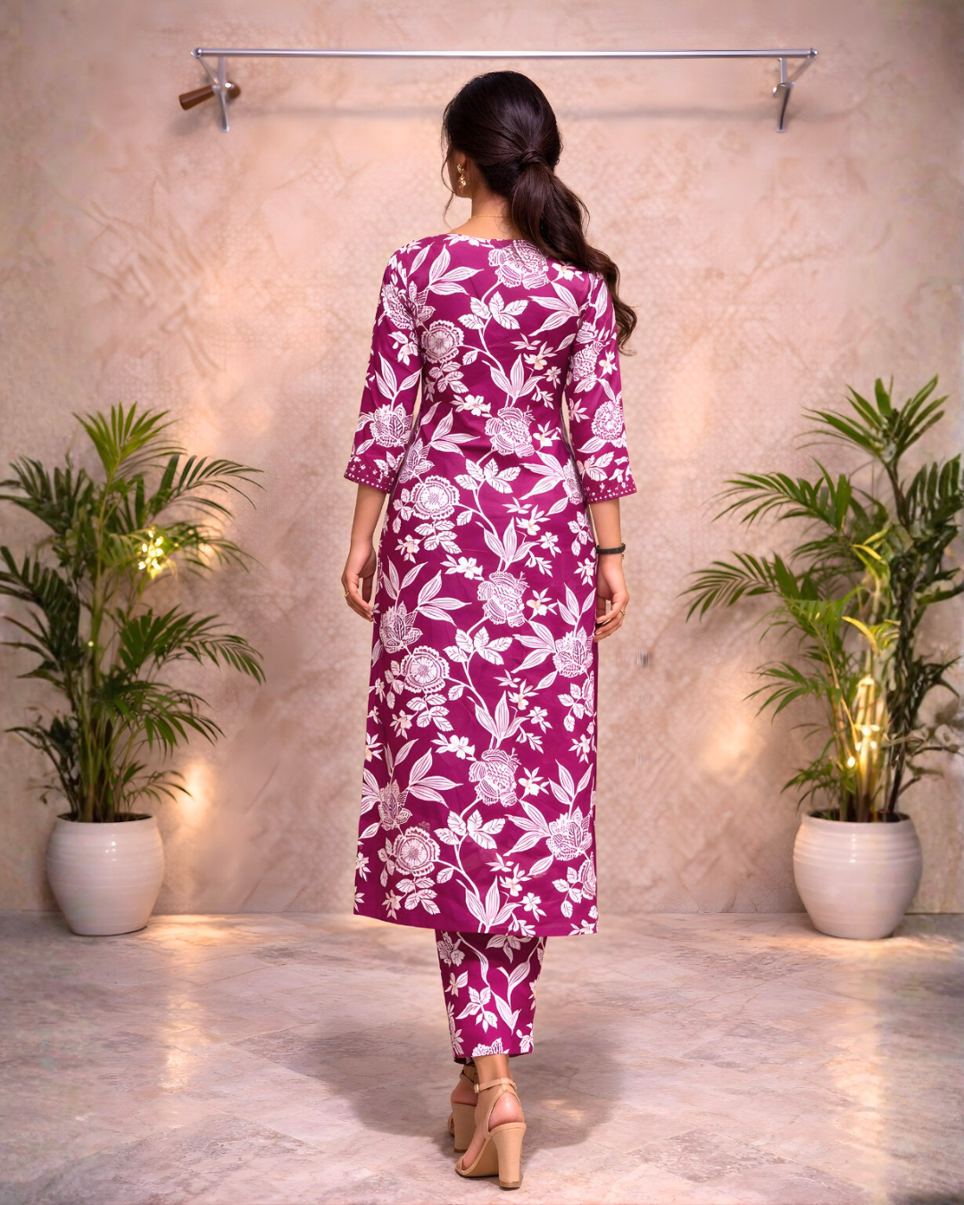 Magenta Floral Printed Straight Kurti Set – Elegant Everyday Ethnic Wear