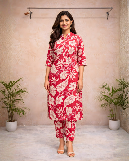 Red Floral Printed Straight Kurti Set – Beige Florals with Mandarin Collar | Everyday & Office Wear