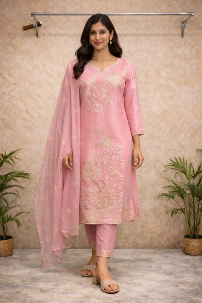 Blush Pink Embroidered Kurti Set – Golden Thread Work with Soft Dupatta & Pants