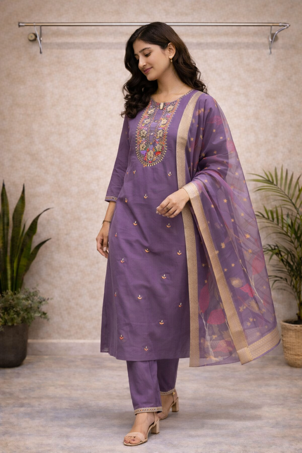 Royal Lavender Embroidered Kurti Set – Multicolour Thread Work with Organza Dupatta