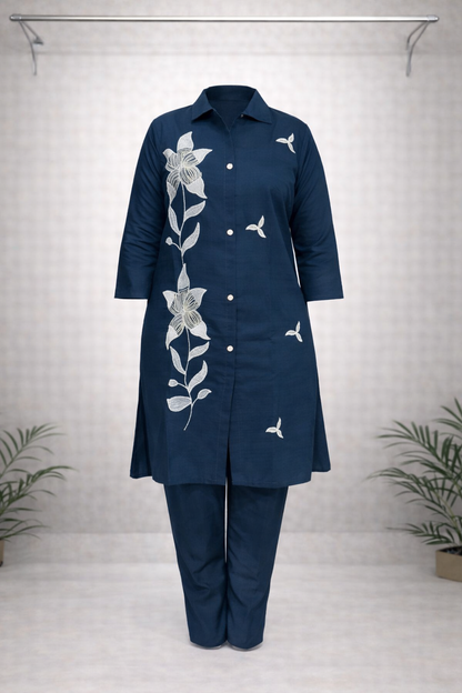 Navy Blue Floral Kurti Set – Versatile Casual & Office Ethnic Wear