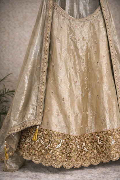 Champagne Gold Bridal Lehenga – Maggam Work & Swan Border