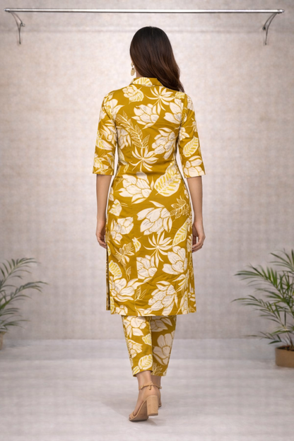 Mustard Yellow Floral Printed Kurti Set – Shirt Collar with Matching Printed Pants