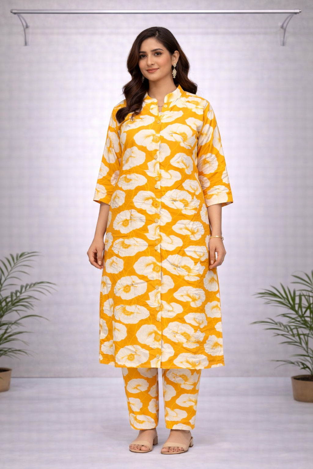 Yellow & White Floral Printed Co-ord Kurti Set – 3/4 Sleeve with Matching Pants