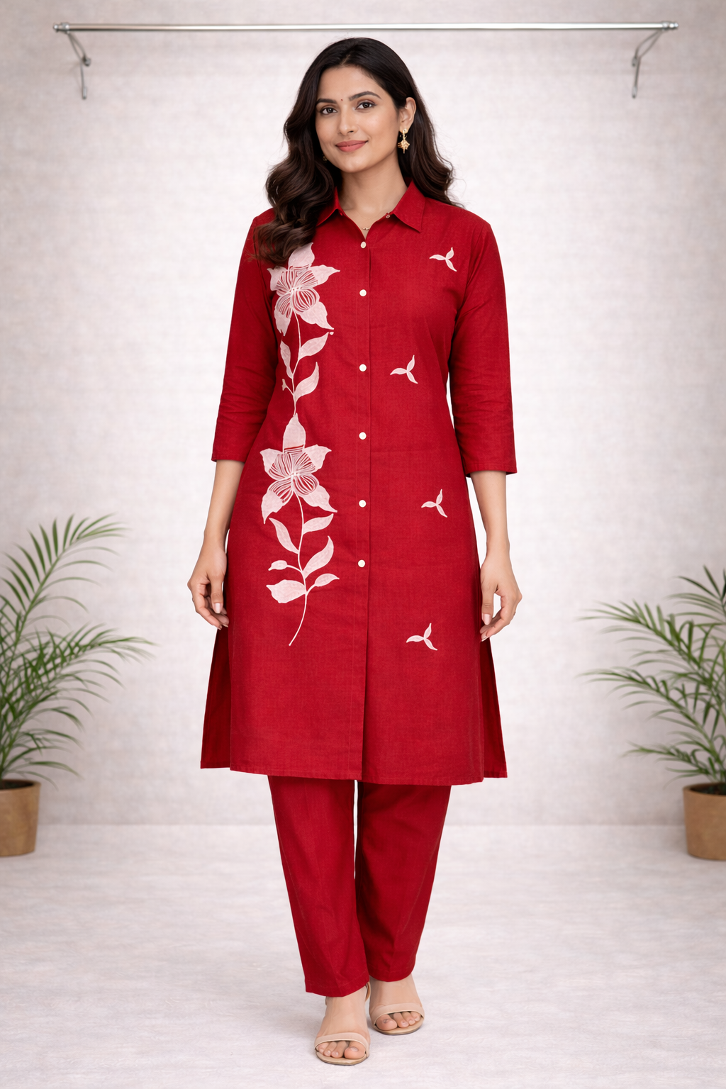 Red Thread Embroidered Co-ord Set – White Embroidery with Matching Red Pants