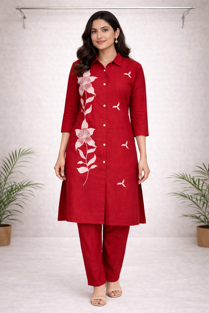 Red Thread Embroidered Co-ord Set – White Embroidery with Matching Red Pants