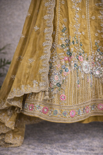 Mustard Gold Bridal Lehenga – Pastel Floral Thread Embroidery & Maggam Blouse