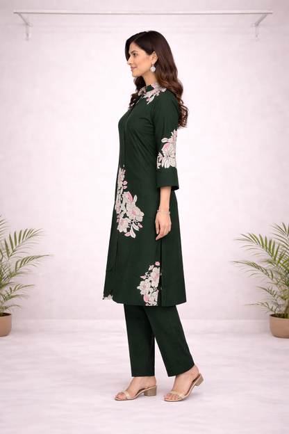 Dark Green Floral Printed Co-ord Set – Kurti Top with Solid Green Pants