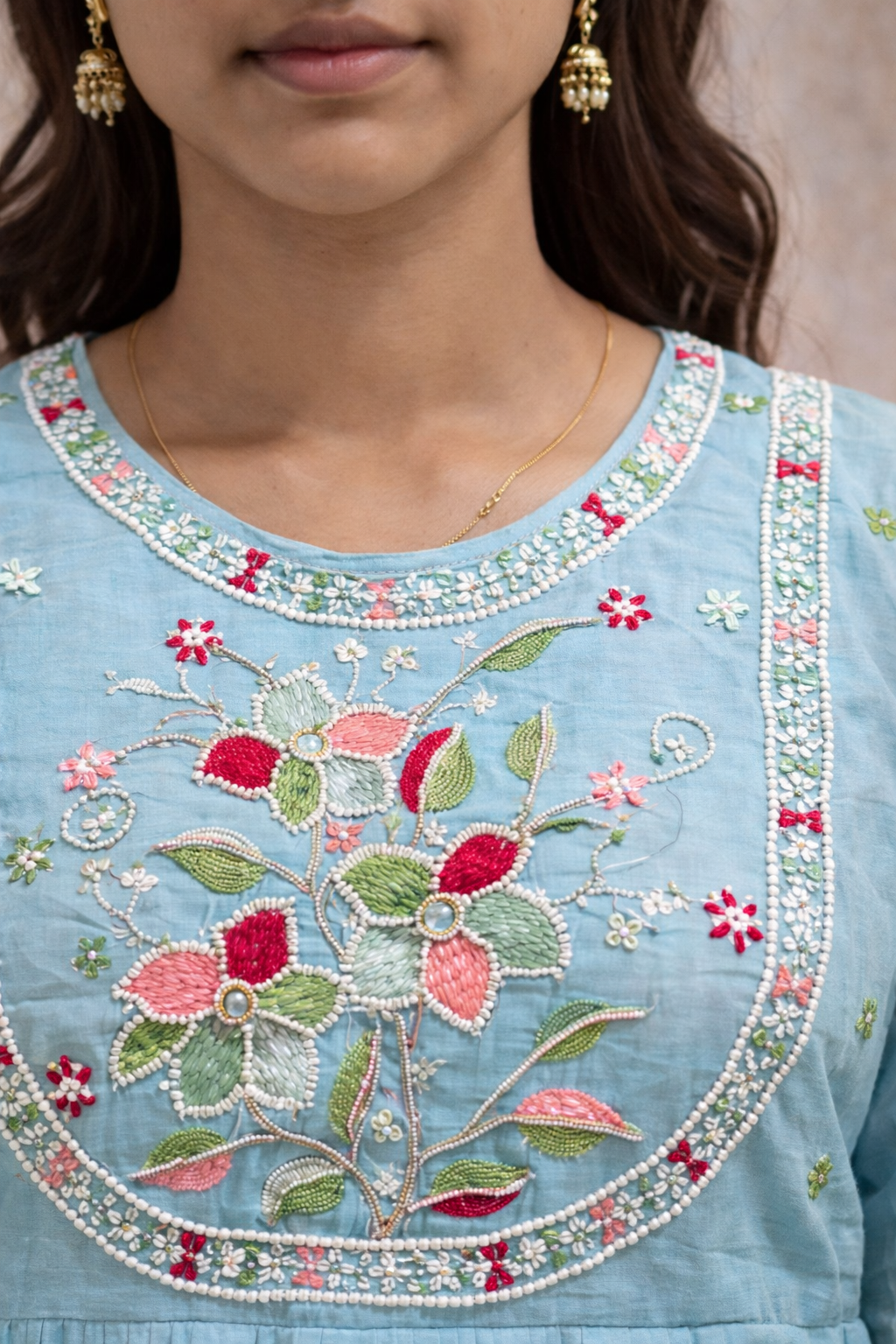 Powder Blue Pearl & Hand Embroidered Anarkali Set – Bead Detailing with Dupatta | Premium Festive Wear