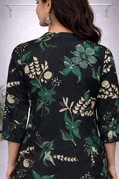 Navy Blue & Green Floral Printed Kurti Set – Straight Fit with Matching Pants