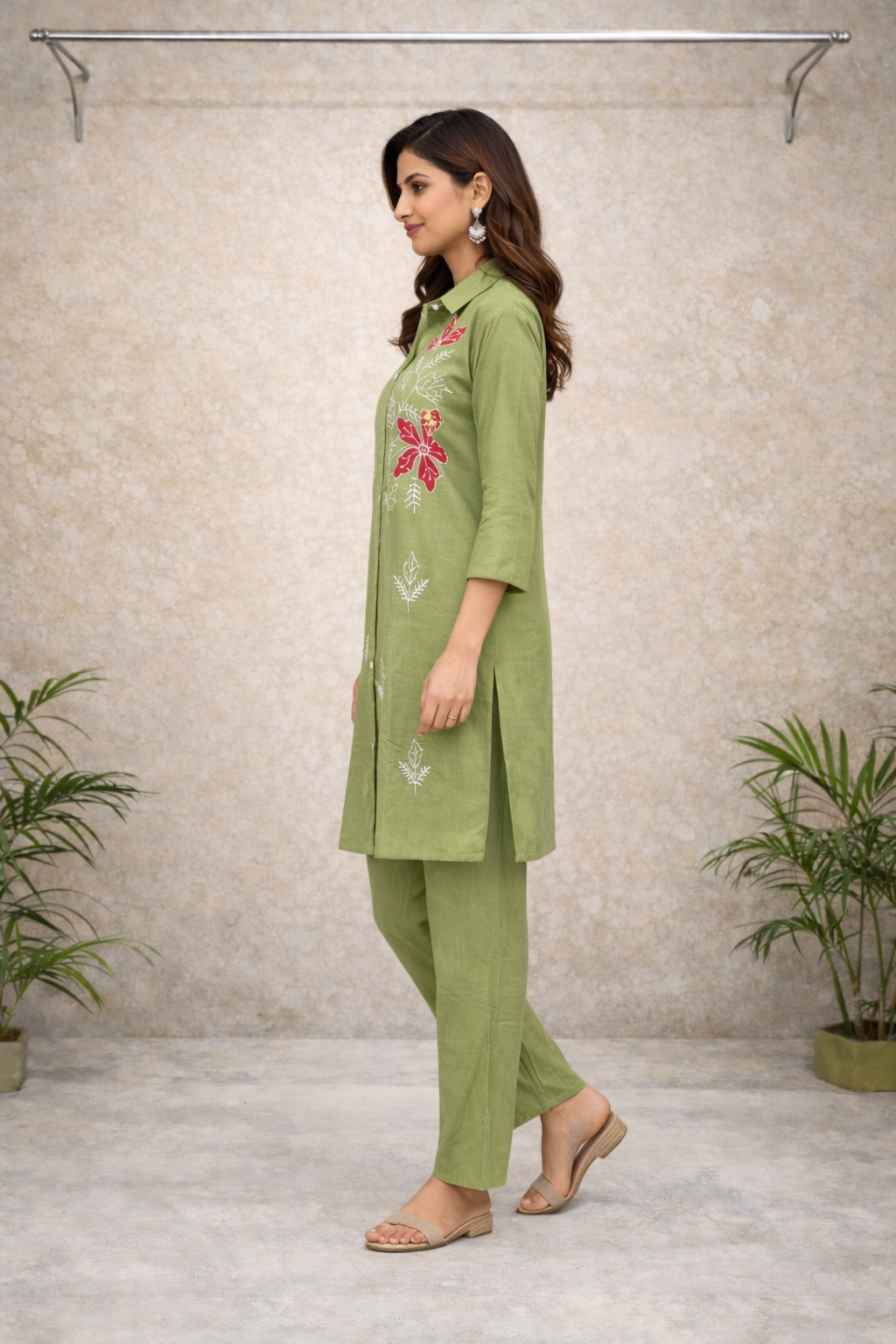 Olive Green Floral Embroidered Co-ord Set – White & Red Thread Work with Solid Pants
