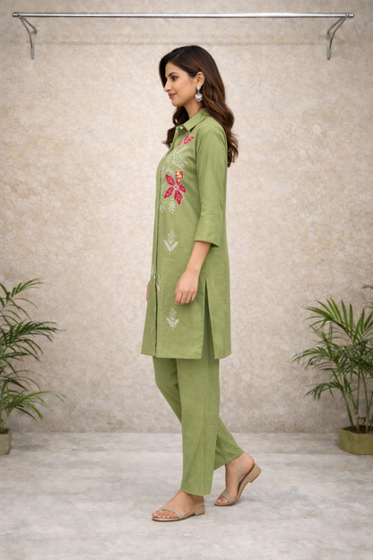 Olive Green Floral Embroidered Co-ord Set – White & Red Thread Work with Solid Pants