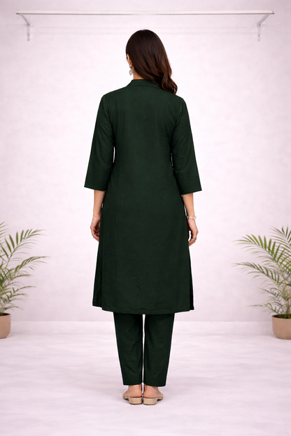 Dark Green Floral Printed Co-ord Set – Kurti Top with Solid Green Pants