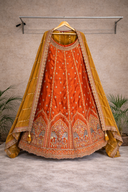 Orange Bridal Lehenga Set – Heavy Zari, Thread Work & Tassel Dupatta