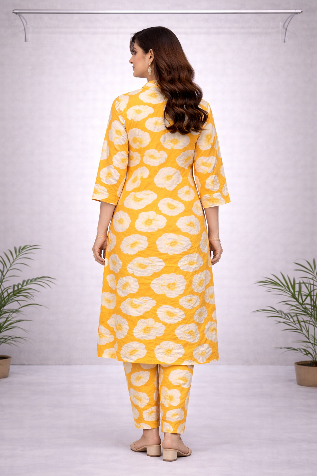 Yellow & White Floral Printed Co-ord Kurti Set – 3/4 Sleeve with Matching Pants