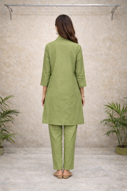 Olive Green Floral Embroidered Co-ord Set – White & Red Thread Work with Solid Pants