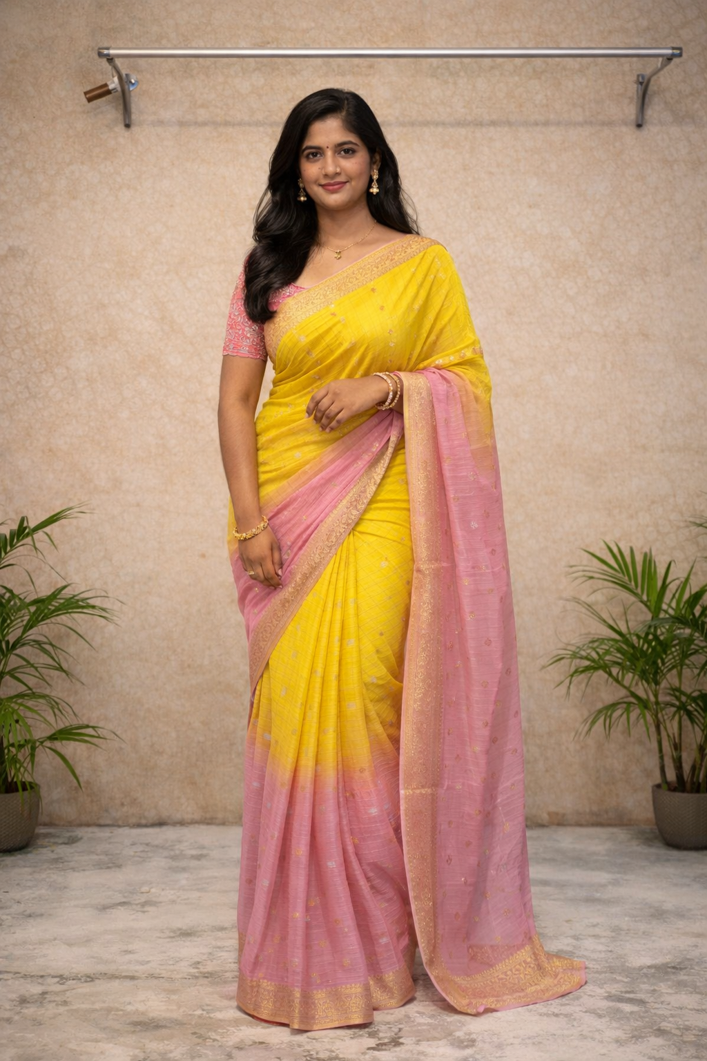 Pink & Yellow Ombre Soft Silk Saree – Gold Butti Work & Woven Border