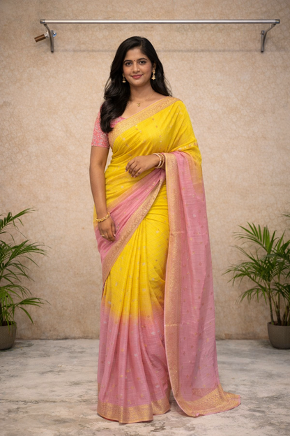 Pink & Yellow Ombre Soft Silk Saree – Gold Butti Work & Woven Border