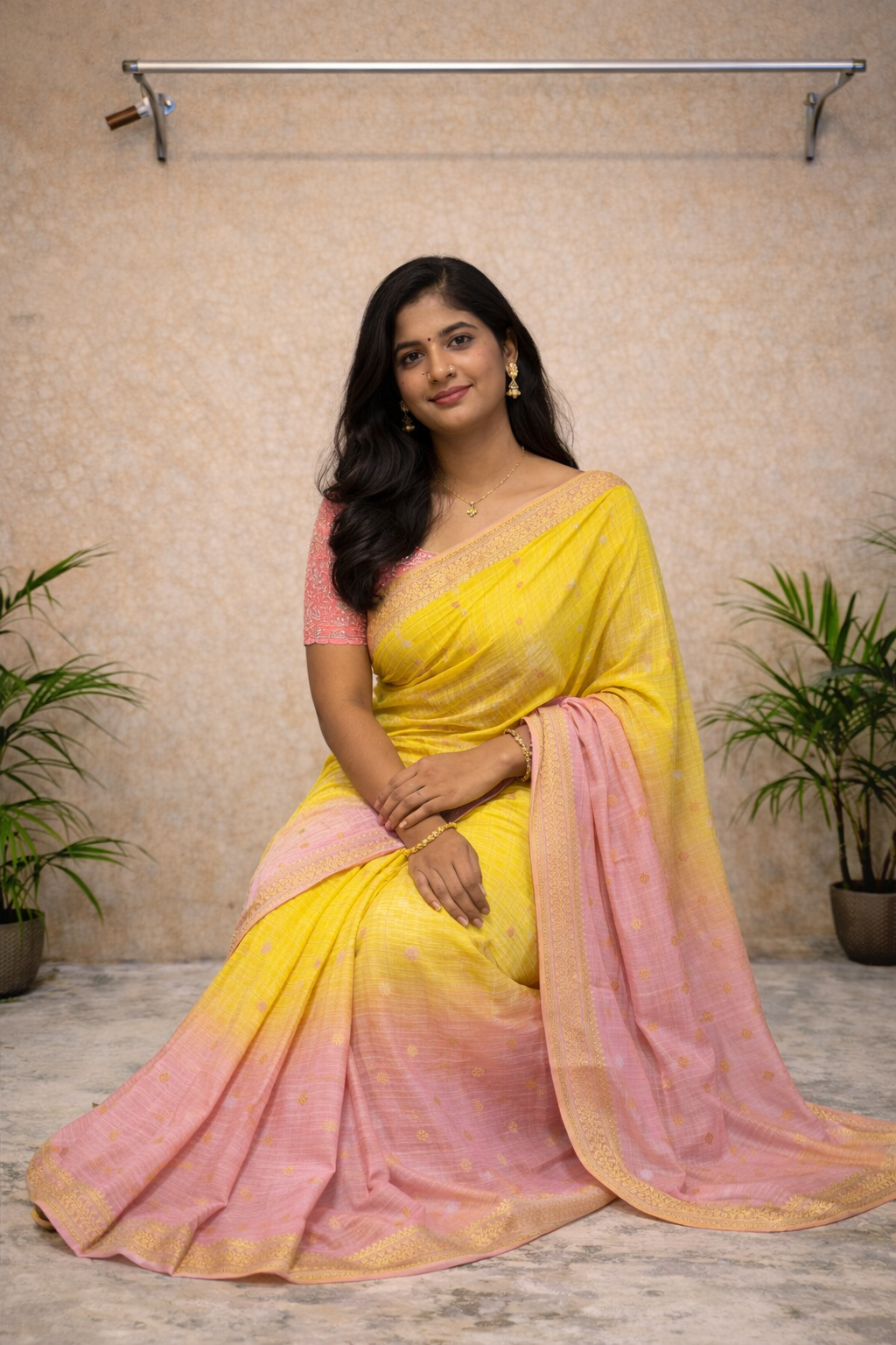 Pink & Yellow Ombre Soft Silk Saree – Gold Butti Work & Woven Border