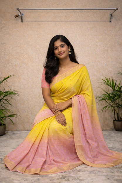 Pink & Yellow Ombre Soft Silk Saree – Gold Butti Work & Woven Border
