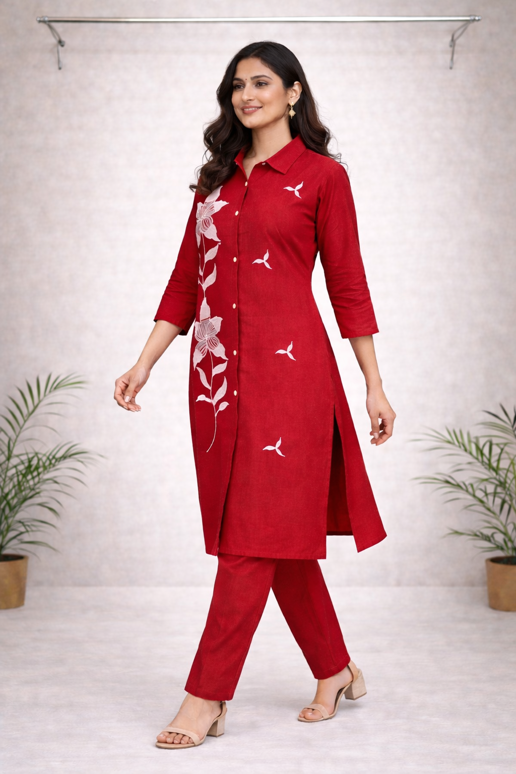 Red Thread Embroidered Co-ord Set – White Embroidery with Matching Red Pants