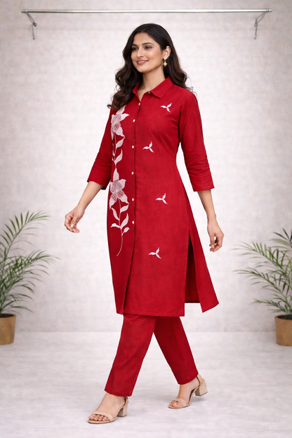Red Thread Embroidered Co-ord Set – White Embroidery with Matching Red Pants